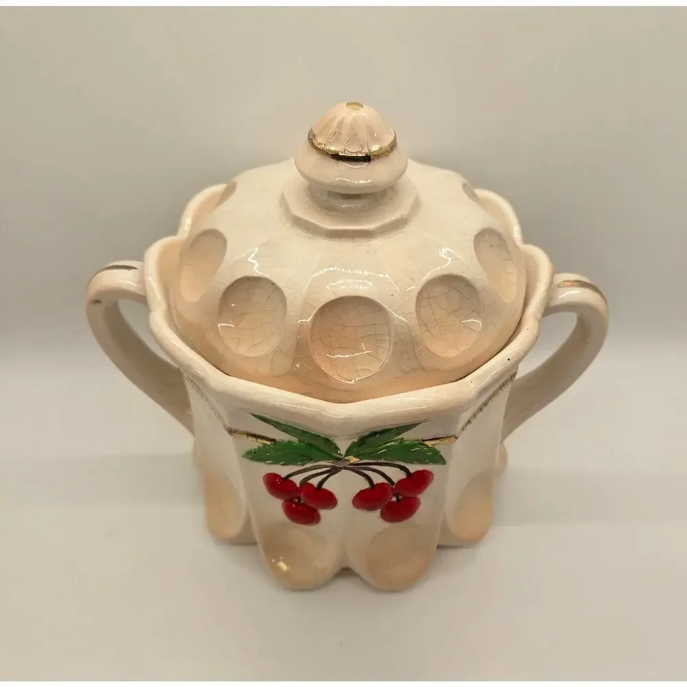 Vintage Westmoreland Milk Glass Hand Painted Cherry Thumbprint Panel Cookie Jar
